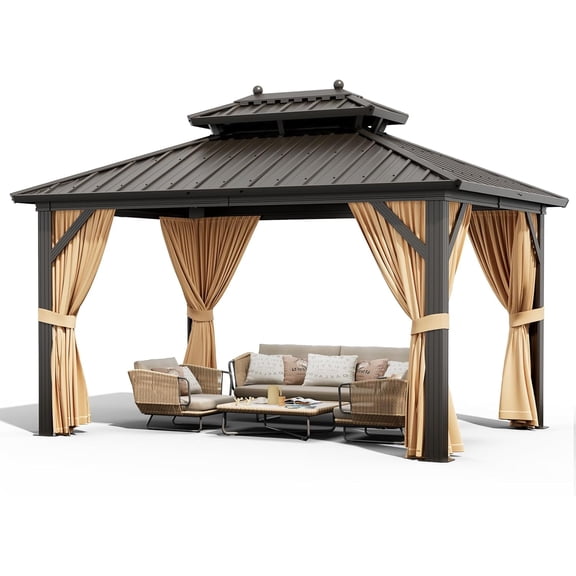 Hardtop Outdoor Gazebo – Galvanized Double Roof, 6 Sizes & Custom Colors for Patio/Garden (Black/Woodgrain Pillars)