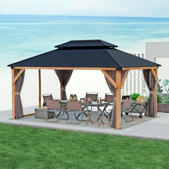 Hardtop Wood Gazebo 10'x12' for All Weather, with Double Metal Roof, Heavy Duty Wooden Frame, Net, and Curtain, Permanent Building for Patio, Deck, Backyard, Lawn, and Garden, Gray