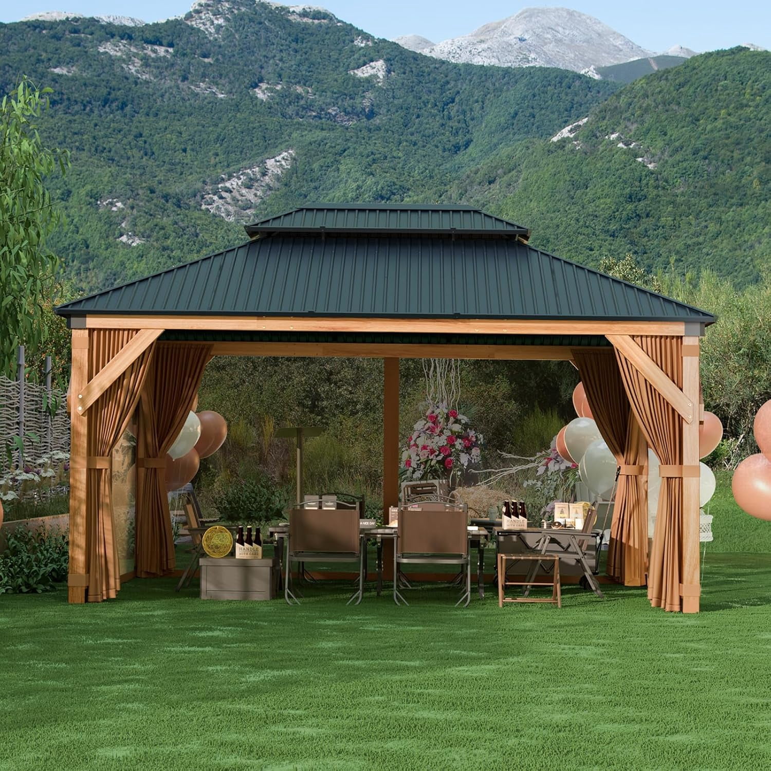 Hardtop Wood Gazebo 10x12 Ft for All Weather, with Double Metal Roof, Heavy Duty Wooden Frame, Net, and Curtain, Permanent Building for Patio, Deck, Backyard, Lawn, and Garden, Khaki