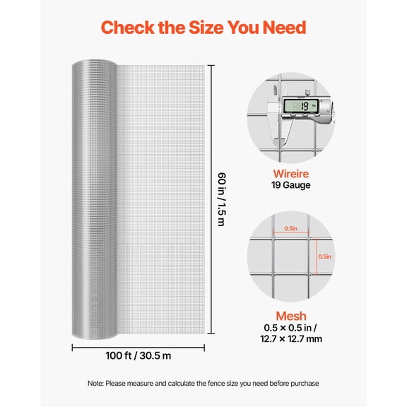 Hardware Cloth, 1/2 inch 60 inch x 100 ft 19 Gauge Chicken Wire Fence, Hot-Dip Galvanized After Welding Metal Wire Mesh Roll, Garden Plant Welded Fencing Roll Supports Poultry Netting Cage Fence
