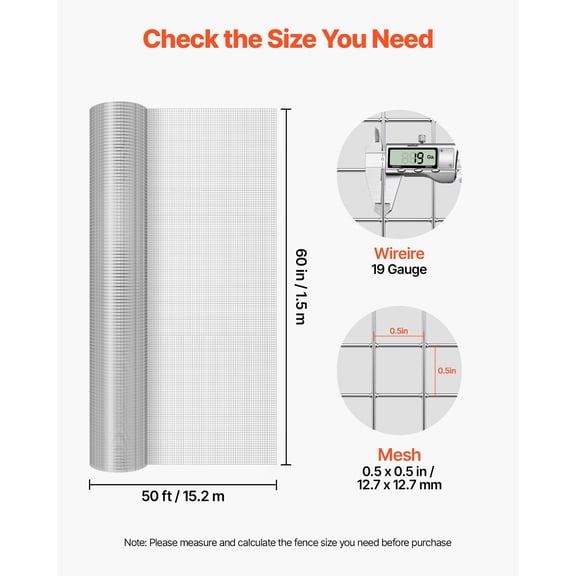 Hardware Cloth, 1/2 inch 60 inch x 50 ft 19 Gauge Chicken Wire Fence, Hot-Dip Galvanized After Welding Metal Wire Mesh Roll, Garden Plant Welded Fencing Roll Supports Poultry Netting Cage Fence