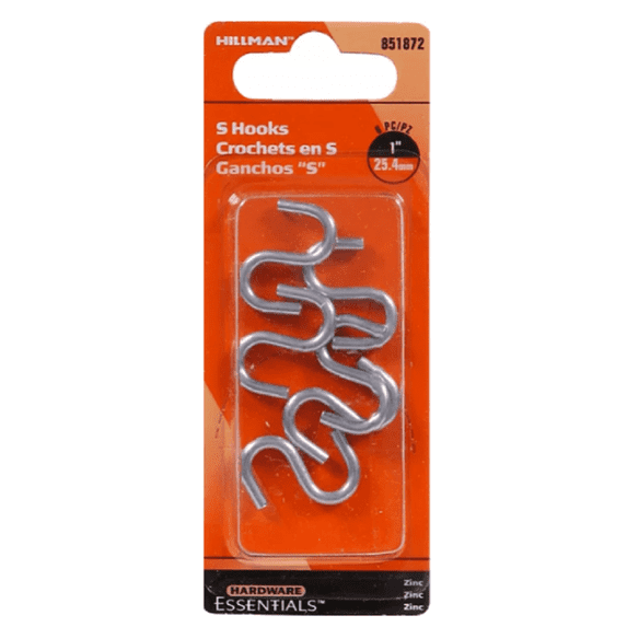 Hardware Essentials 851872 S-Hook Zinc (0.121" x 1"), 6-Pack