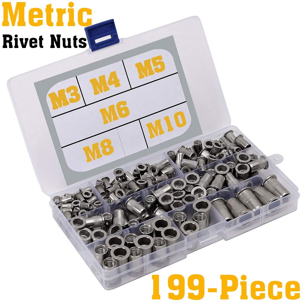 Hardware Fasteners, Rivet Nuts, Threaded Insert Nuts, Marine Grade Stainless Steel, Assorted Sizing, 199 Pc, Storage Case, Metal Fabrication, Diy Projects, Holiday Gift, Handyman