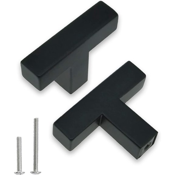 Hardware Handle, 2 Pack Square T-Shaped Cabinet Pulls, Matte Black, Stainless Steel, 1.9 inches, Cupboard Cabinets Drawer Knobs