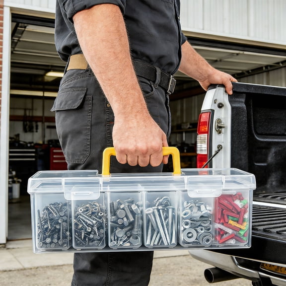 Hardware Organizer with 7 Deep Bins and 6 Small 1 Large- Small Parts Storage Tool Box for Nuts, Bolts, Screws, Nails - Portable Handle Transparent Lid with Locks