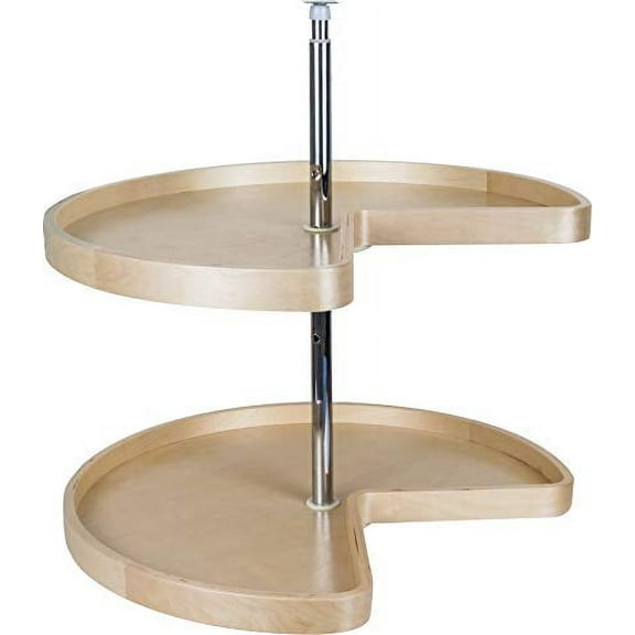 Hardware Resources 2-Tier Lazy Susan Corner Shelf - Kidney-Shaped Rotating Shelves with Adjustable Pole for Kitchen, Cabinet, Cupboard Corners - Wooden Pie Cut Turntable Organizer - White Birch, 24"