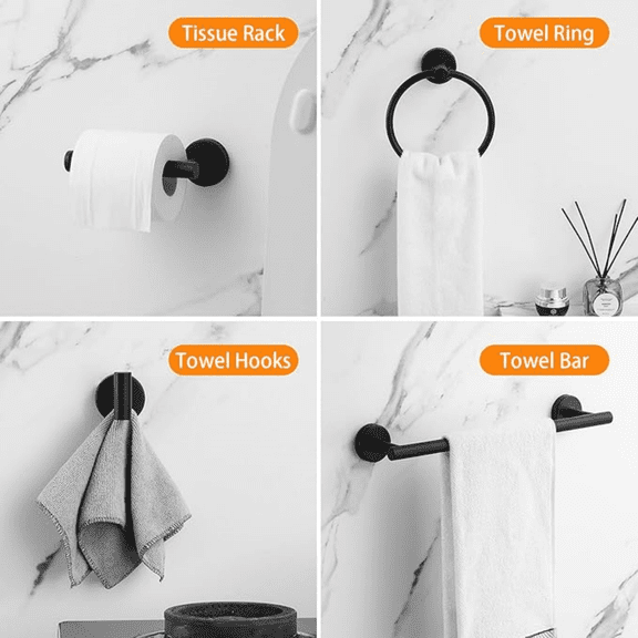 Hardware Set Black 10 Pieces, Towel Bar Set Matte Black Stainless Steel Towel Rack Set Includes 2PCS 16'' Towel bar, 4PCS Towel Hooks, 2PCS Toilet Paper Holder and 2PCS Towel Ring