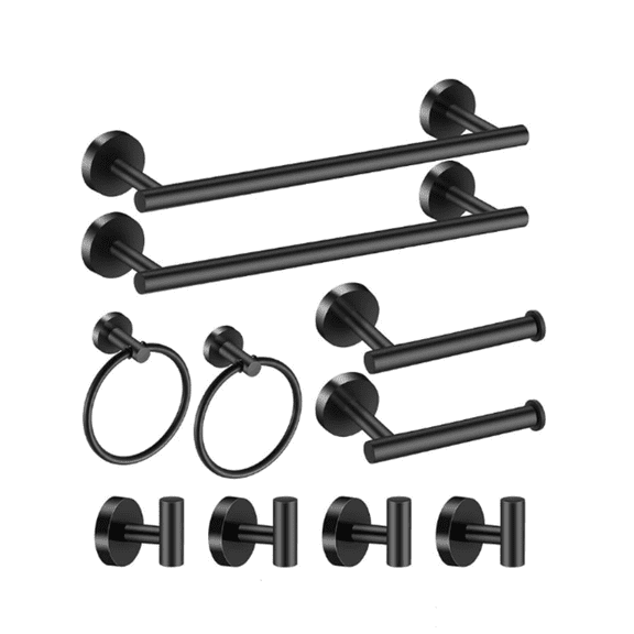 Hardware Set Black 10 Pieces, Towel Bar Set Matte Black Stainless Steel Towel Rack Set Includes 2PCS 16'' Towel bar, 4PCS Towel Hooks, 2PCS Toilet Paper Holder and 2PCS Towel Ring