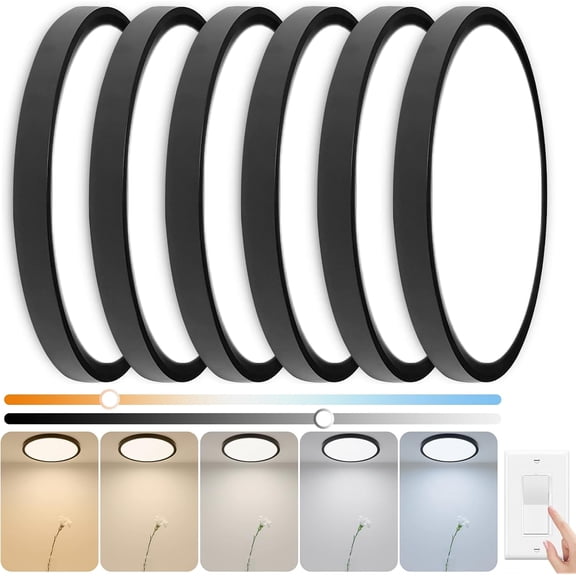 Hardwired 6 Pack LED Ceiling Light Fixture, 12inch 24W 2640LM Dimmable, 5CCT Selectable (2700K-6500K), Ultra-Thin Flush Mount Lighting for Hallway, Laundry, Kitchen, Bedroom, Black