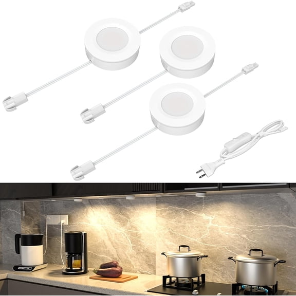 Hardwired Under Cabinet Lights,Linkable LED Puck Lighting with Switch,DIY Under Counter Light for Kitchen,Showcase,Bookcase,Recessed&Wall Plug in,Natural White 4000K,120V,Set of 3