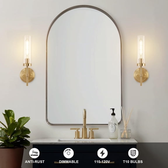 Hardwired Gold Wall Sconces Set of 2, Modern Bathroom Sconces Wall Lighting Vanity Light Fixtures with Clear Glass, Brushed Brass Wall Decor Lights for Mirror Living Room Bedroom Hallway Stairwell