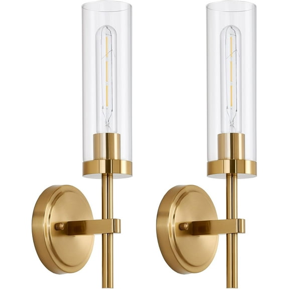 Hardwired Gold Wall Sconces Set of 2, Modern Bathroom Sconces Wall Lighting Vanity Light Fixtures with Clear Glass, Brushed Brass Wall Decor Lights for Mirror Living Room Bedroom Hallway Stairwell