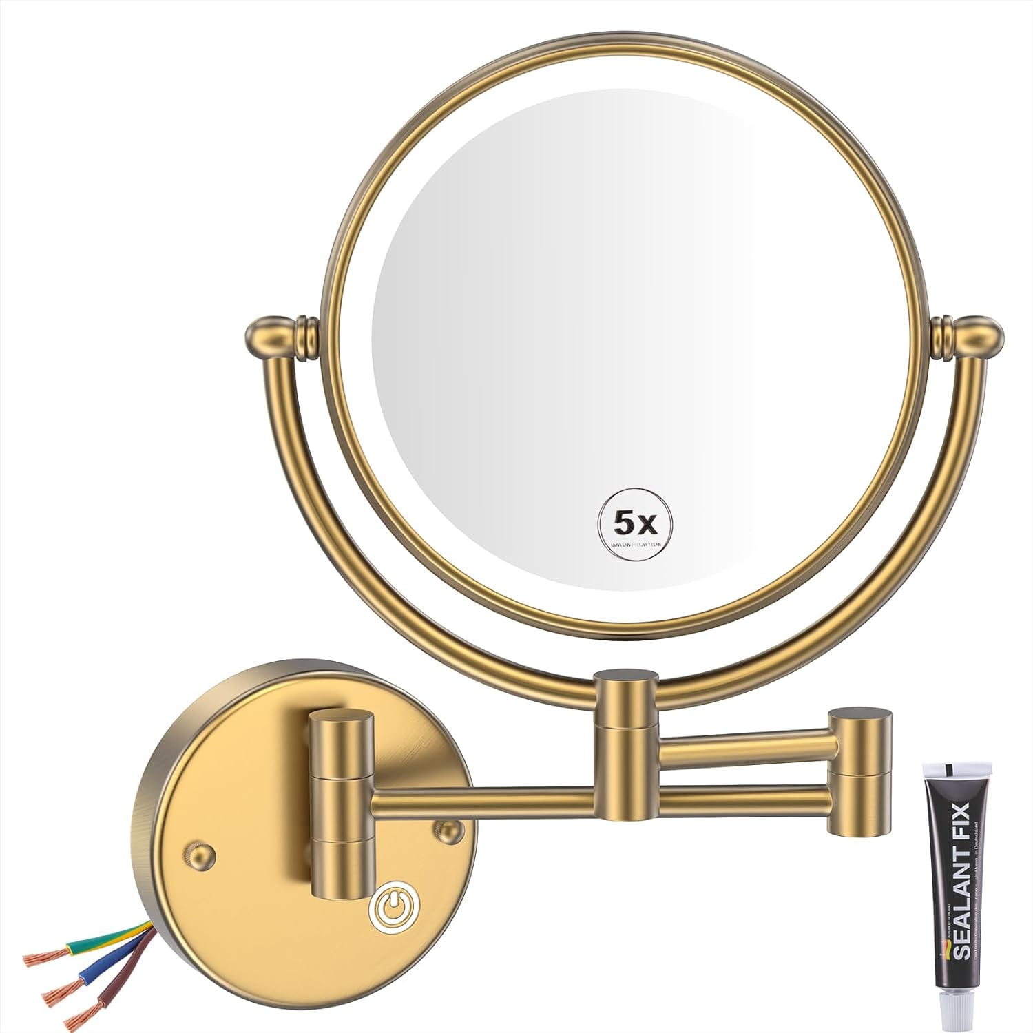 Hardwired Lighted Magnifying Makeup Mirror Wall Mount Gold, 1/5X Double Sided Vanity Mirror ...
