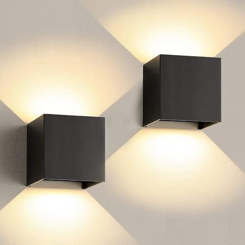 Hardwired Modern Black Wall Sconces Set of 2, Up Down LED Wall Light 3000K Warm White, BUILT-IN LEDs INCLUDED, 4x4x4" Matte Aluminum Indoor Outdoor Waterproof, Cube Lamps for Porch, Hallway, Bedroom