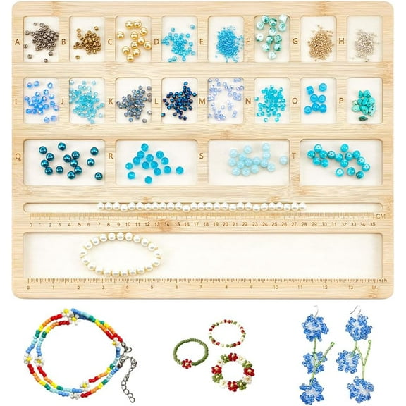 Hardwood Beads Sorting Tray Multiple Velvet Jewelry Design Bead Boards for Necklace and Bracelet Making Craft Projects Bead Storage with Ruler 22 Compartments BurlyWood