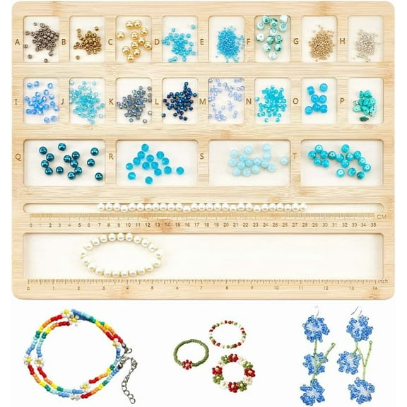 Hardwood Beads Sorting Tray Multiple Velvet Jewelry Design Bead Boards for Necklace and Bracelet Making Craft Projects & Bead Storage with Ruler 22 Compartments
