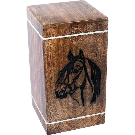 Hardwood Cremation Urns for Human Ashes Adult Large - Wooden Burial Urn for Columbarium - Funeral Urn Box (Horse, 250 Cubic Inches - MW)