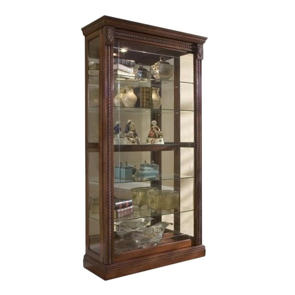 Victorian Brown Lighted Poplar Wood Curio Cabinet with Adjustable Shelves
