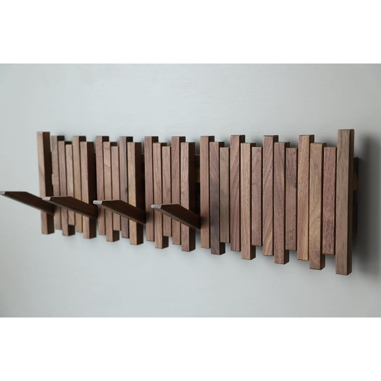 Hardwood Wall Mounted Piano Coat Rack Coat Rack Wall Mount Flip Down Wall Hook Rack 6 Hooks Entryway Wall Storage with Hooks Made of Black