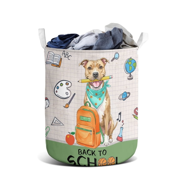 Hardworking Pitbull Ready Back to School New Year Classes Foldable Laundry Basket Terrier Dog Lover Organizer Storage with Handles - 12011