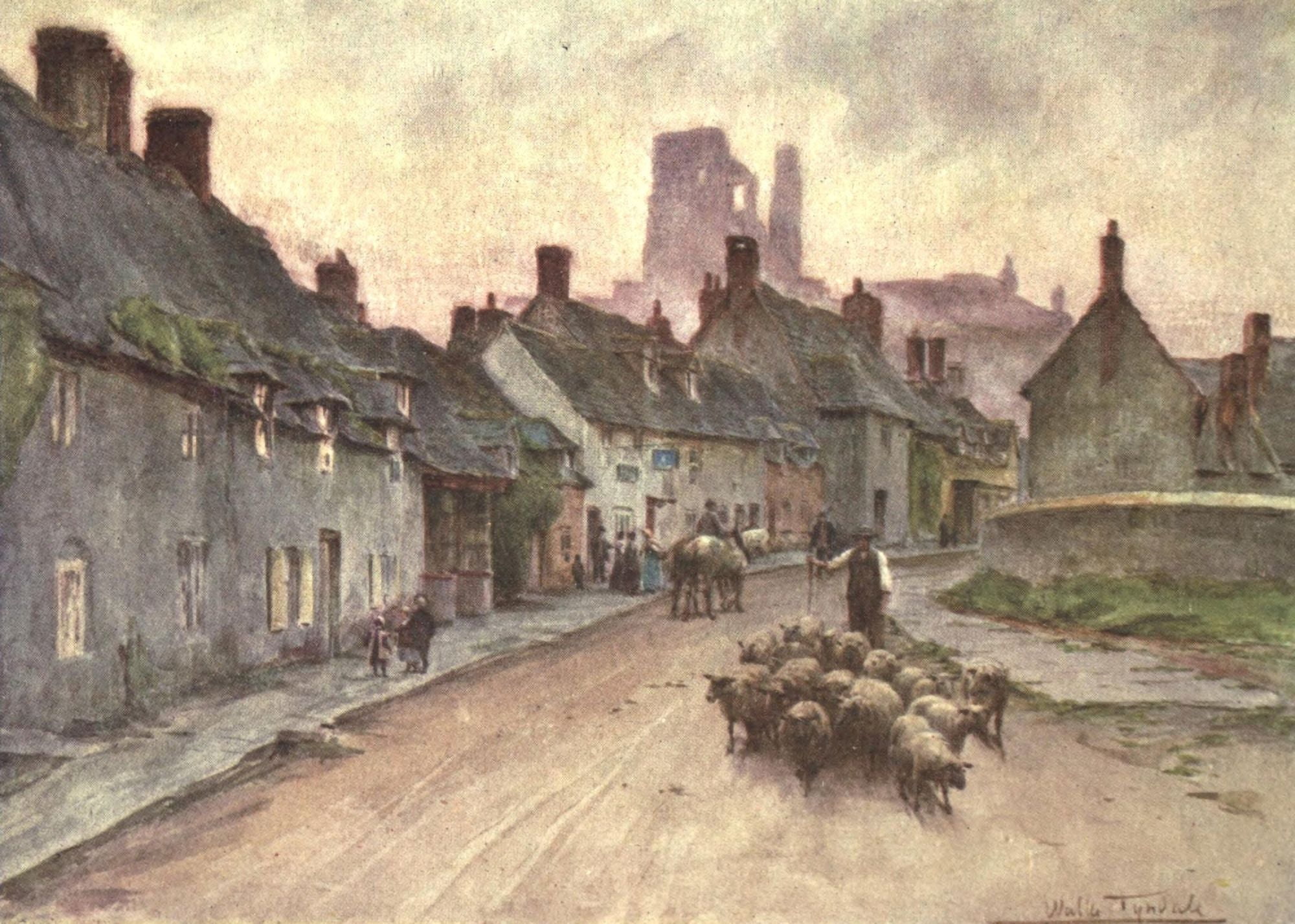 Hardy Country Water-colours 1900 Corfe Castle from West Street Canvas Art - Walter Tyndale (24 x 36)