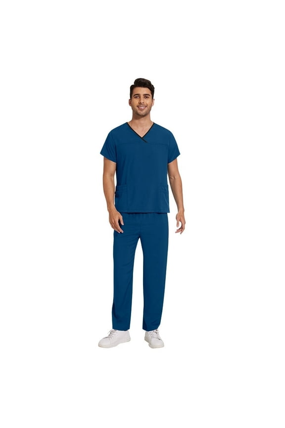 Medical Uniform Scrubs Set Scrub Top and Pants Scrub for Men Set Four Season Comfort Fits Scrub Set with 10 Pockets BLUE SIZE XL