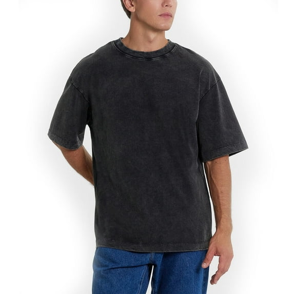 NKZNKZ Men's Oversized Cotton T Shirt Vintage Washed Men’s Mineral Wash Tee Shirt Crew Neck Vintage Wash Short Black SIZE L