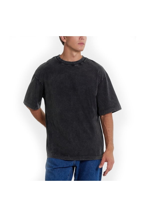 Men's Oversized Cotton T Shirt Vintage Washed Men’s Mineral Wash Tee Shirt Crew Neck Vintage Wash Short Black SIZE L