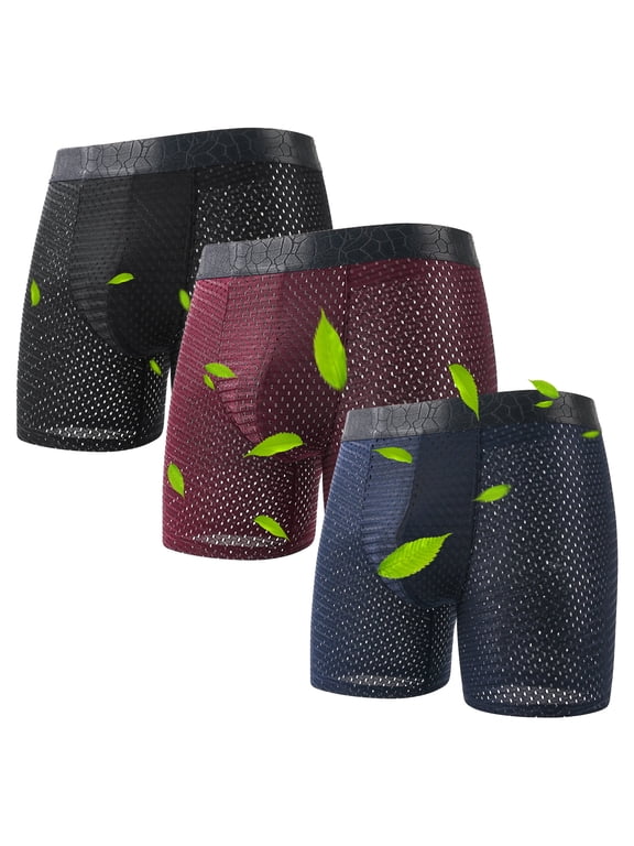 Bamboo Fiber Boxer Briefs Men's Underwear Boxer Briefs with Covered Waistband, Mesh Underwear Boxer Briefs Long Leg Boxer Briefs Mesh Fly & Breathable 3 Pack, L