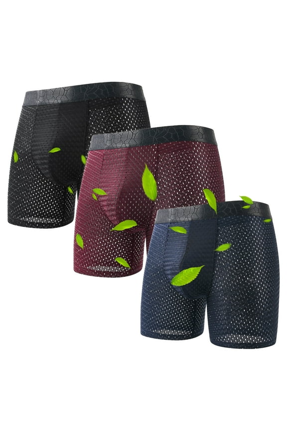 Bamboo Fiber Boxer Briefs Men's Underwear Boxer Briefs with Covered Waistband, Mesh Underwear Boxer Briefs Long Leg Boxer Briefs Mesh Fly & Breathable 3 Pack, L