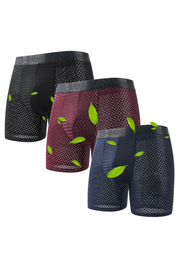 Bamboo Fiber Boxer Briefs Men's Underwear Boxer Briefs with Covered Waistband, Mesh Underwear Boxer Briefs Long Leg Boxer Briefs Mesh Fly & Breathable 3 Pack, XL