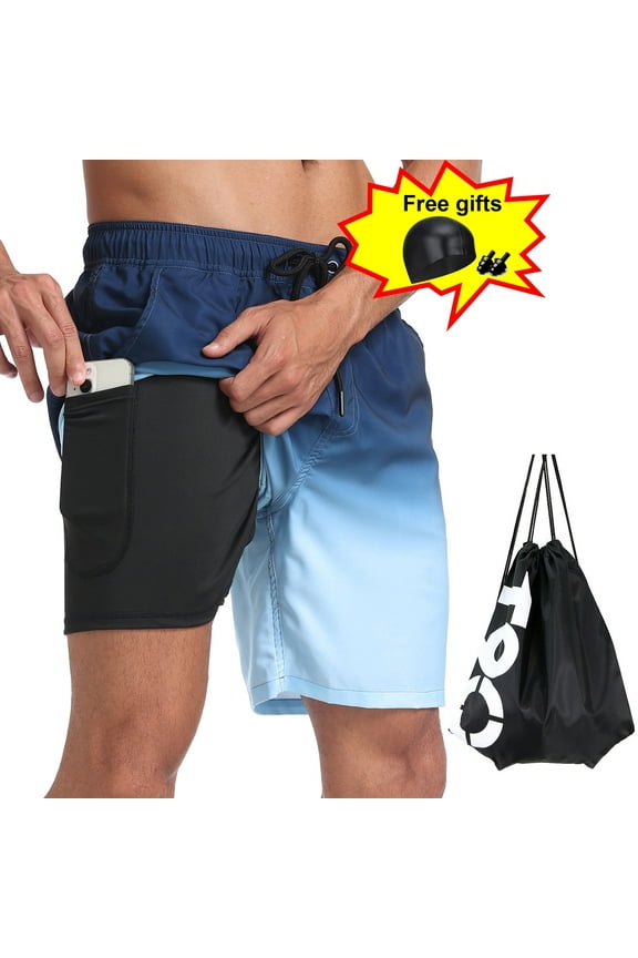 Mens Swim Trunks Quick Dry Swim Shorts Stretch Water Beach Shorts with Compression Liner Swimming Shorts with Zipper Pockets and Swim Cap*1+Swim nose clip*1+ Earplugs*1+ storage bag*1-L