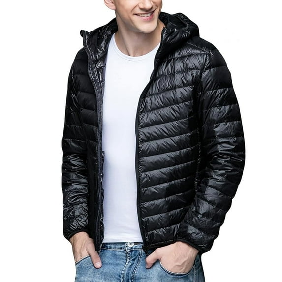 HardyComforts Puffer jackets for men with hood Lightweight Packable Hooded Jacket Puffy Winter Jacket Coat Men's Warm Cotton Padded Jacket Black SIZE:L