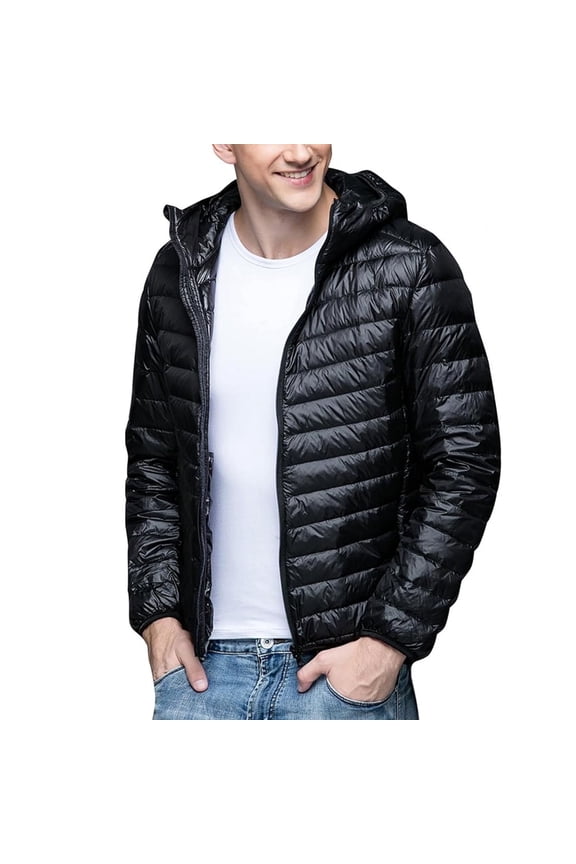 HardyComforts Puffer jackets for men with hood Lightweight Packable Hooded Jacket Puffy Winter Jacket Coat Men's Warm Cotton Padded Jacket Black SIZE:L