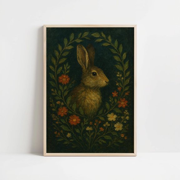 Hare Floral Wreath Rustic Woodland Animal Portrait Art Print, Unframed Paper Print Size 8x12