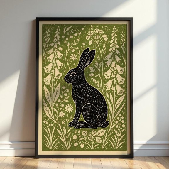 Hare Linocut Print, Woodland Rabbit Wall Art, Botanical Folk , Olive Green Decor, Poster Only