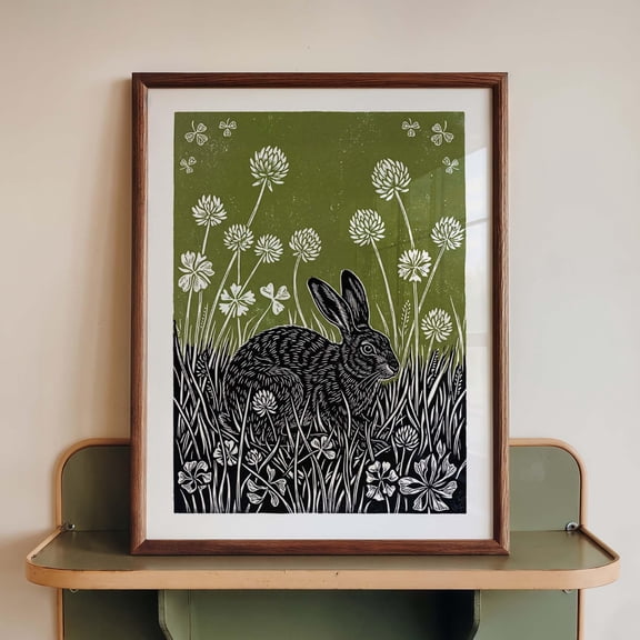 Hare Wall Art Print, Rabbit Linocut Poster, Olive Green Meadow Wildlife Decor, Cottagecore Animal Block Print, Poster Only