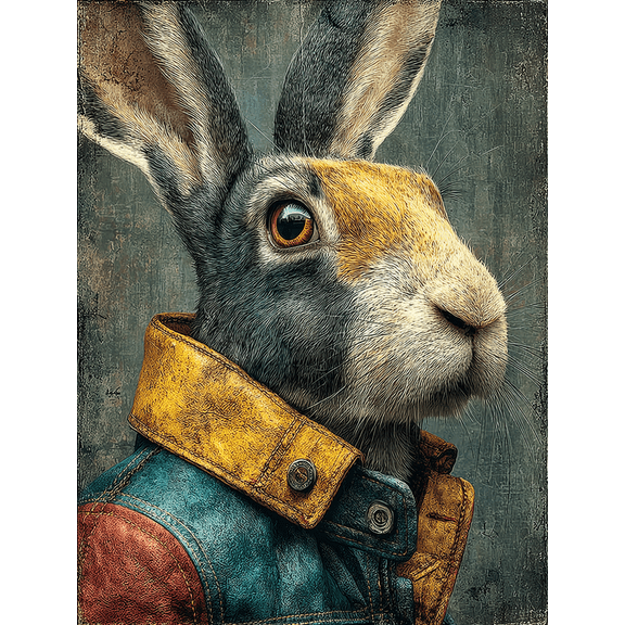 Hare Wearing Leather Jacket Canvas Portrait Print, Funny Animal Home Wall Decor Art