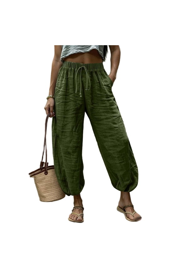 Harem Ankle Pants for Women Drawstring Elastic Waist Casual Beach Boho Pant Baggy Barrel Cropped Trousers