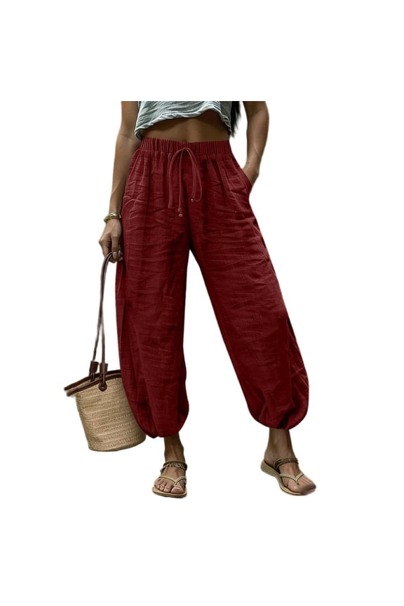 Harem Ankle Pants for Women Drawstring Elastic Waist Casual Beach Boho Pant Baggy Barrel Cropped Trousers