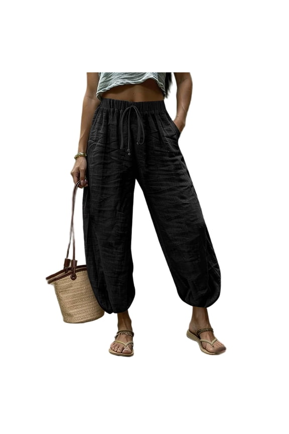 Harem Ankle Pants for Women Drawstring Elastic Waist Casual Beach Boho Pant Baggy Barrel Cropped Trousers