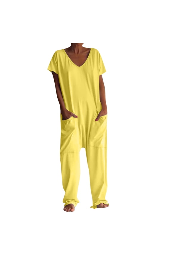 Harem Jumpsuits For Women Casual V Neck Short Sleeve Romper Baggy Loose Fit Wide Leg Overalls with Pockets One Piece Onesie