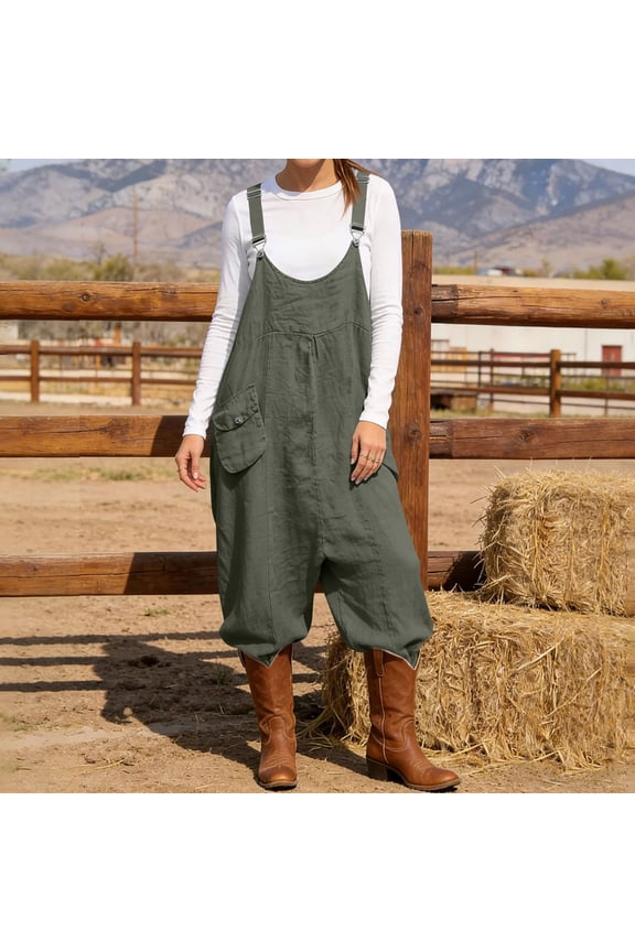 Harem Overalls for Women Loose Baggy Jumpsuits Cotton Linen One Piece Trousers Adjustable Straps Retro Boho Bib Pants Casual Loungewear