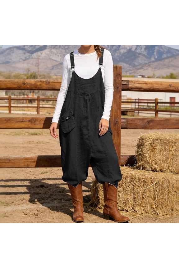 Harem Overalls for Women Loose Baggy Jumpsuits Cotton Linen One Piece Trousers Adjustable Straps Retro Boho Bib Pants Casual Loungewear