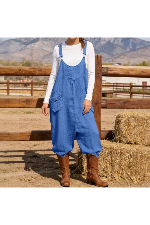 Harem Overalls for Women Loose Baggy Jumpsuits Cotton Linen One Piece Trousers Adjustable Straps Retro Boho Bib Pants Casual Loungewear