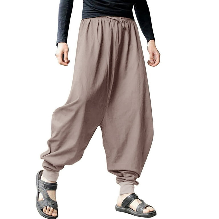 Harem Pants For Men Summer Retro Solid Color Loose Large Size Cotton And  Linen Harem Trousers Yellow