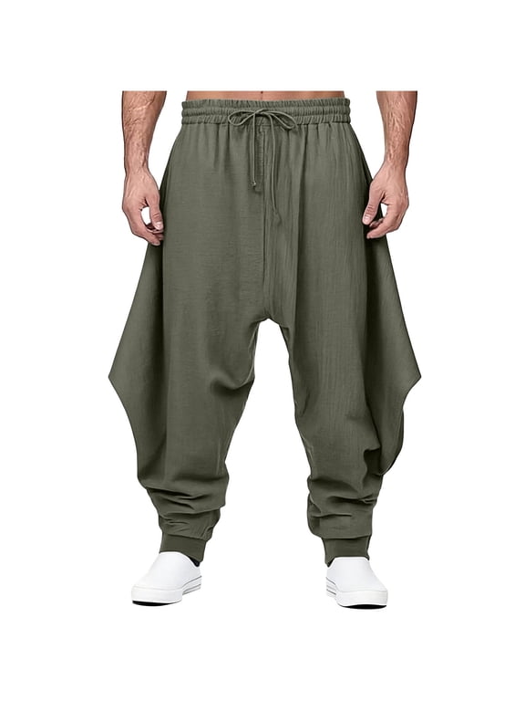 Harem Pants Men Cotton Linen Baggy Vintage Elastic Waist Vacation Dancy Trousers 70s Outfits