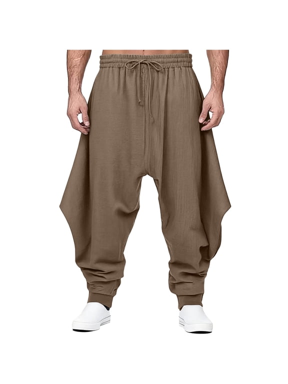 Harem Pants Men Cotton Linen Baggy Vintage Elastic Waist Vacation Dancy Trousers 70s Outfits