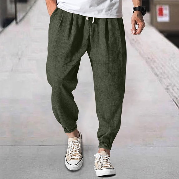 Harem Pants Men Drawstring Elastic Waist Taper Cotton Linen Pants Baggy Lightweight Casual Pants with Pocket, 5XL