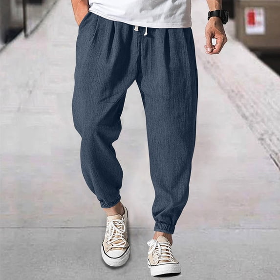 Harem Pants Men Drawstring Elastic Waist Taper Cotton Linen Pants Baggy Lightweight Casual Pants with Pocket, L